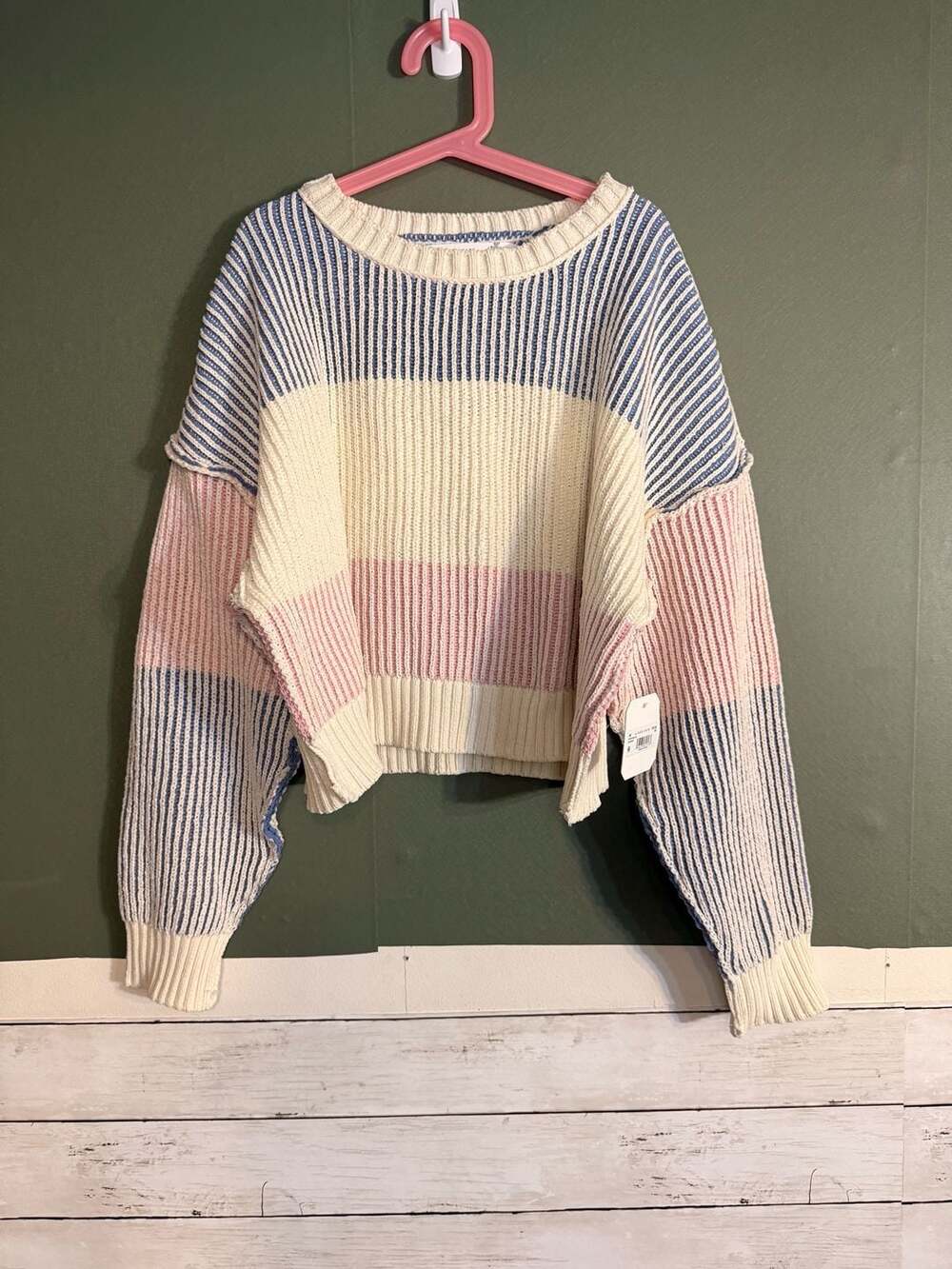 NWT Altar'd State Colorblock Cropped Knit Sweater Blue Pink Chic